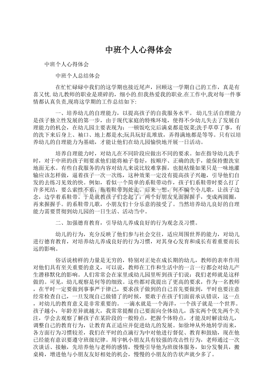 中班个人心得体会Word下载.docx