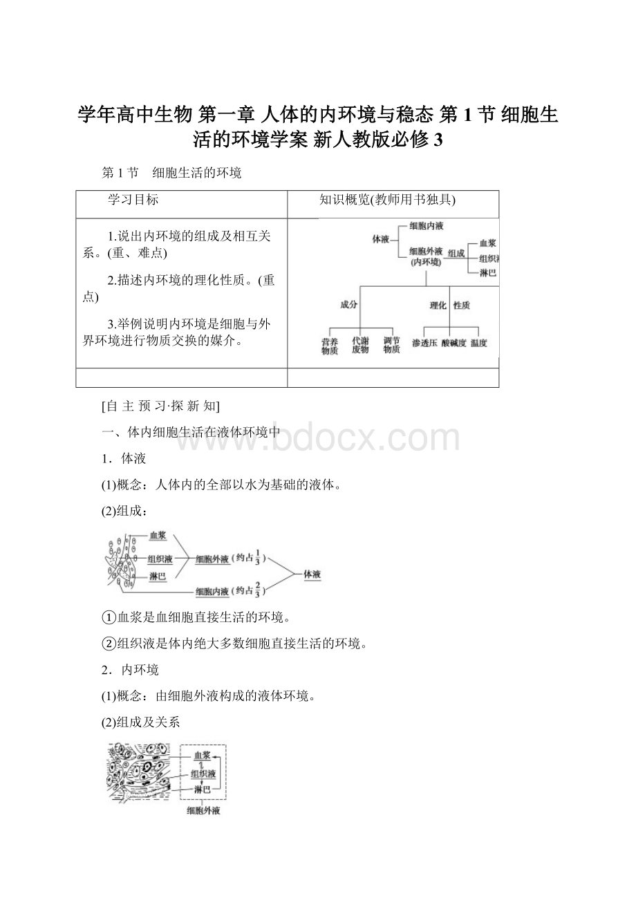 学年高中生物 第一章 人体的内环境与稳态 第1节 细胞生活的环境学案 新人教版必修3.docx