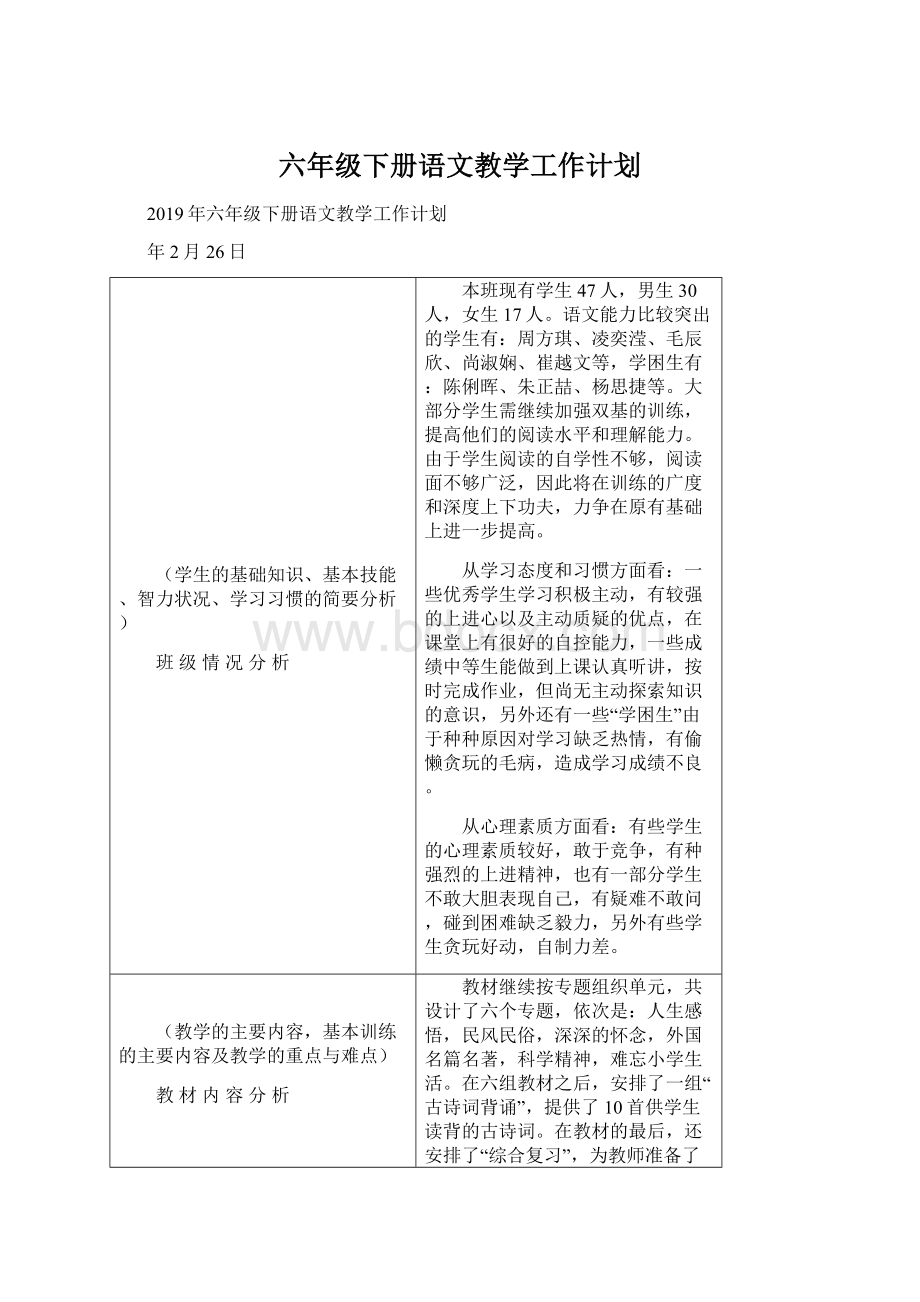 六年级下册语文教学工作计划.docx_第1页