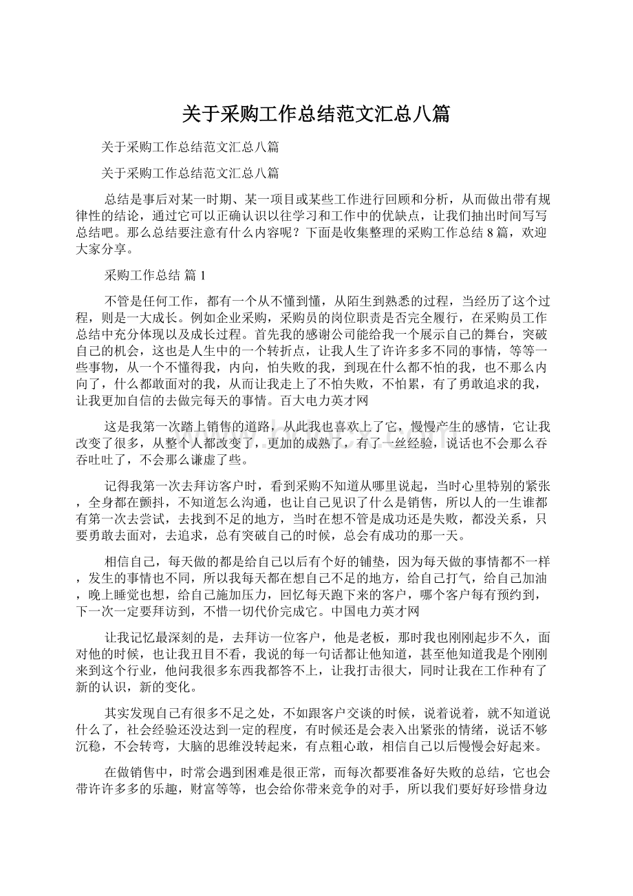 关于采购工作总结范文汇总八篇Word格式文档下载.docx