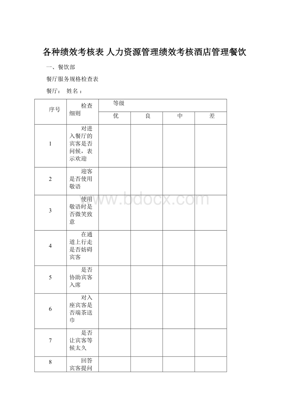 各种绩效考核表 人力资源管理绩效考核酒店管理餐饮文档格式.docx