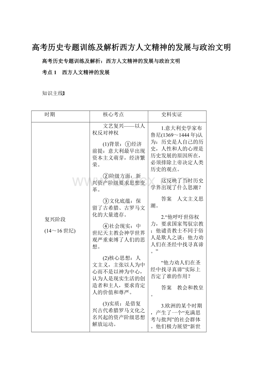 高考历史专题训练及解析西方人文精神的发展与政治文明.docx_第1页