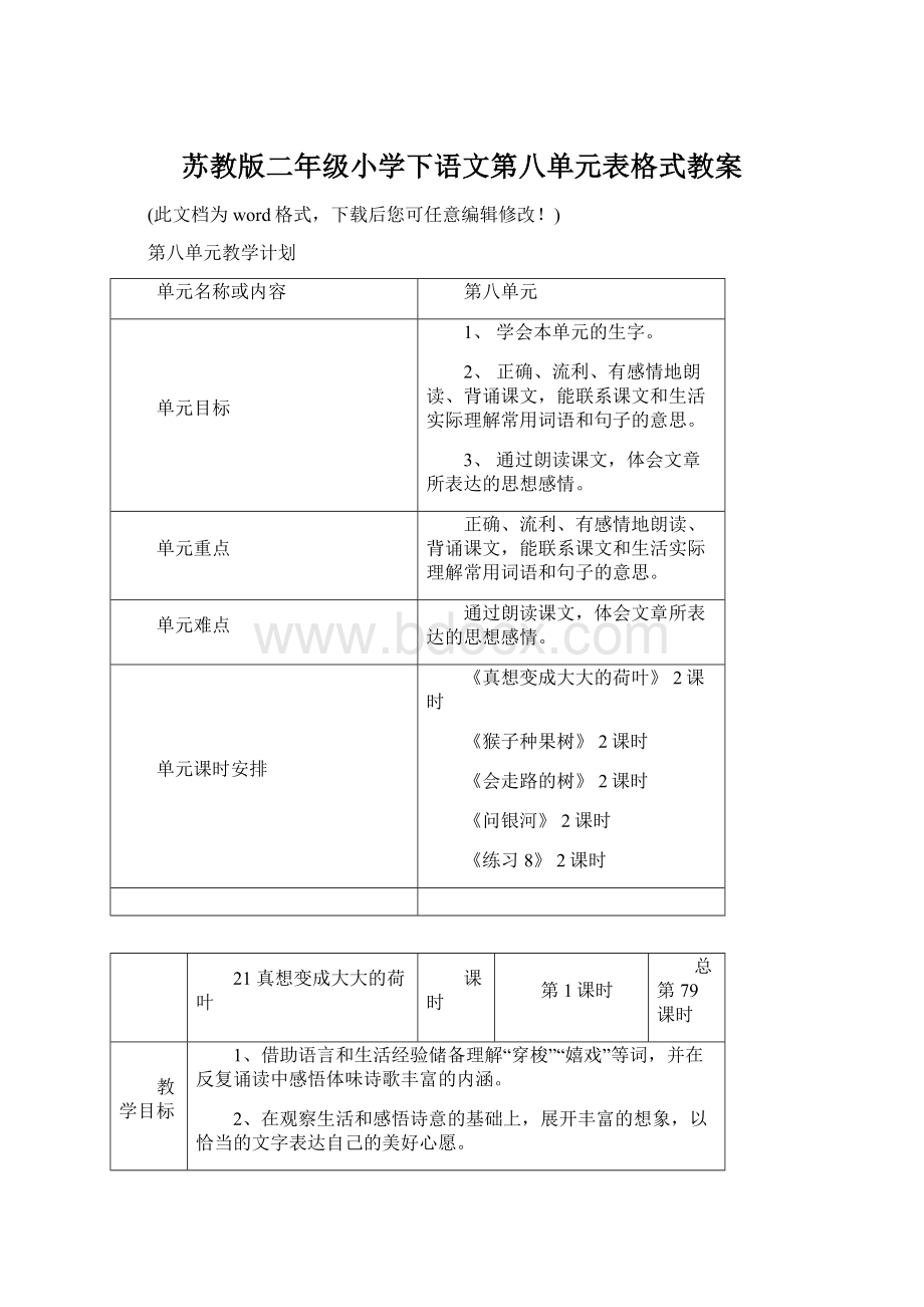 苏教版二年级小学下语文第八单元表格式教案.docx_第1页