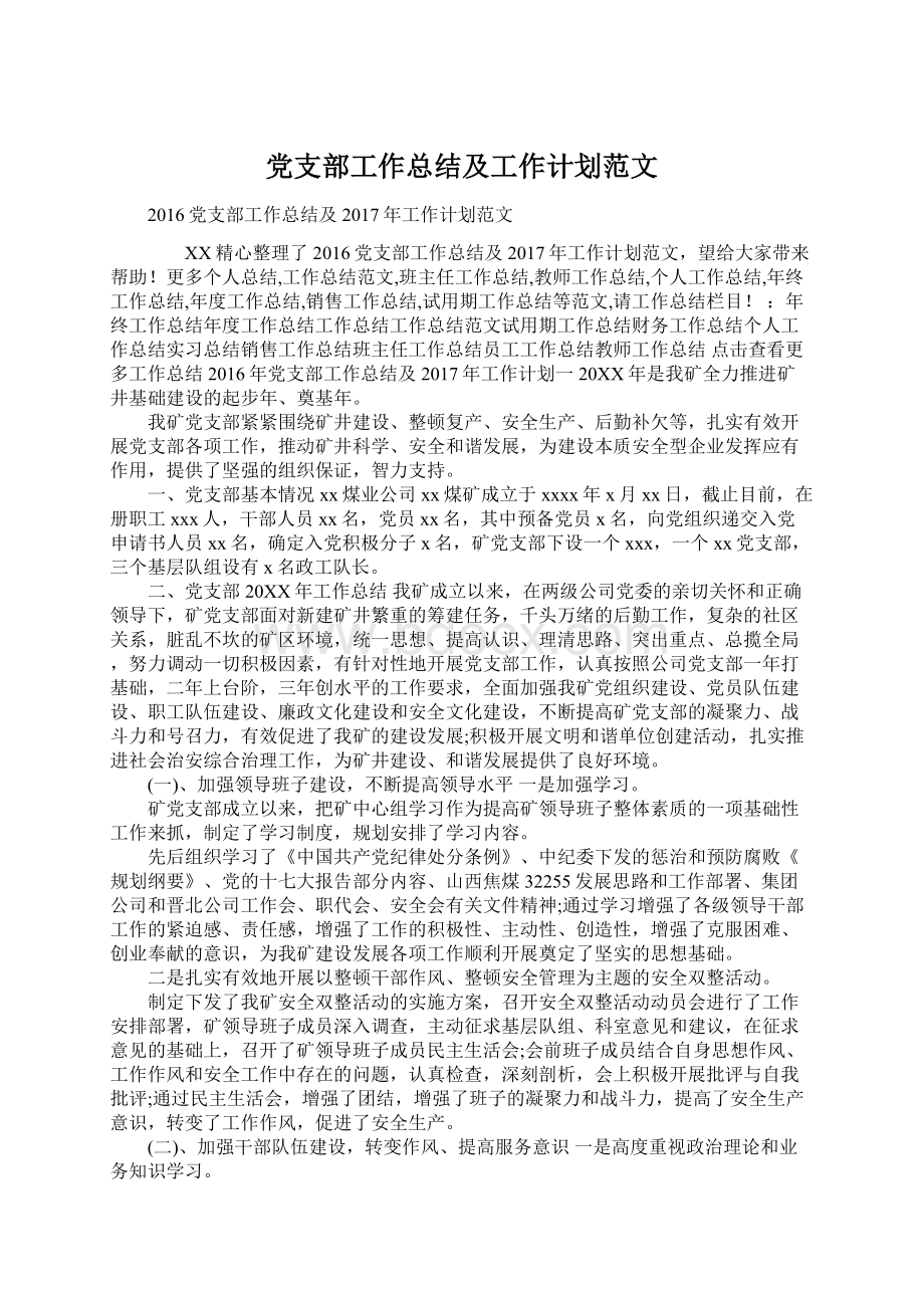 党支部工作总结及工作计划范文.docx_第1页