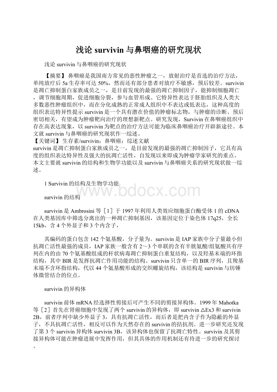 浅论survivin与鼻咽癌的研究现状Word格式文档下载.docx_第1页