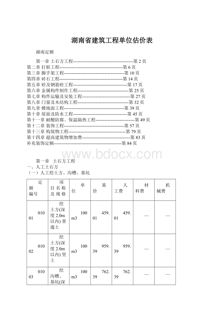 湖南省建筑工程单位估价表.docx