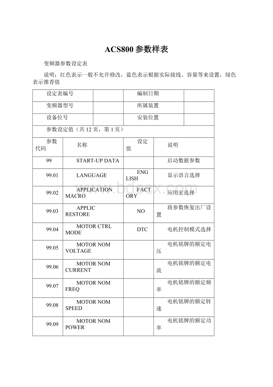 ACS800参数样表Word格式.docx