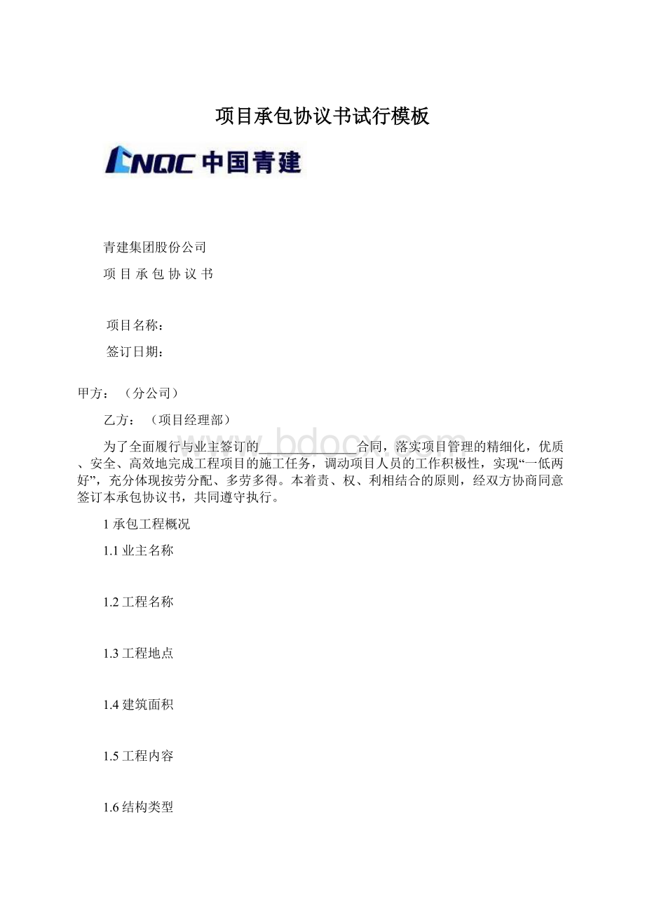 项目承包协议书试行模板Word文档下载推荐.docx