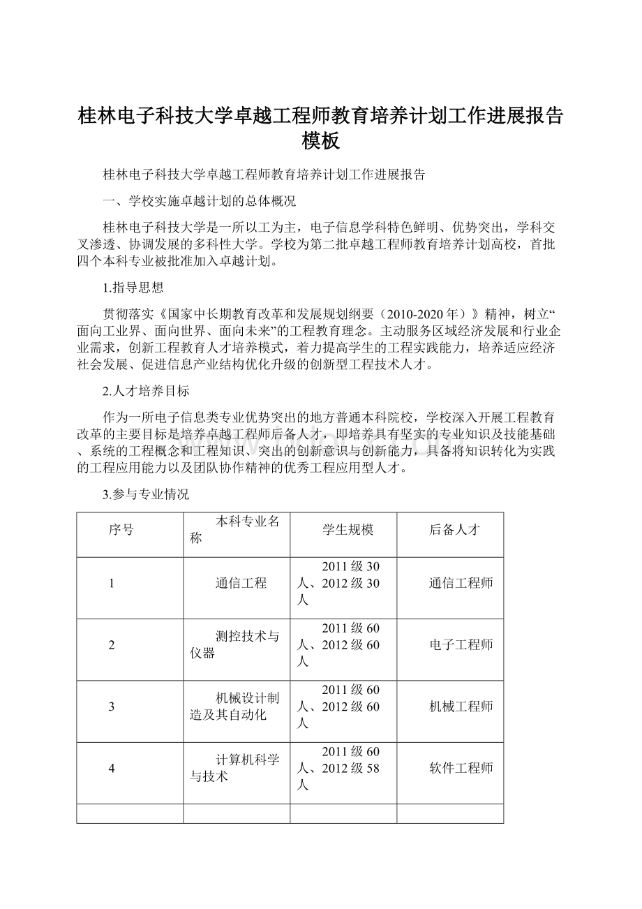 桂林电子科技大学卓越工程师教育培养计划工作进展报告模板Word下载.docx_第1页