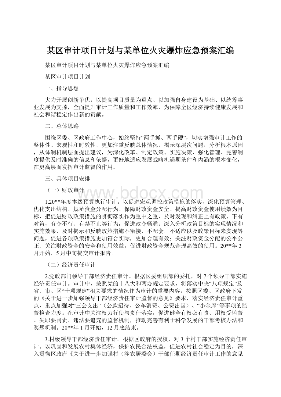 某区审计项目计划与某单位火灾爆炸应急预案汇编Word文档格式.docx_第1页