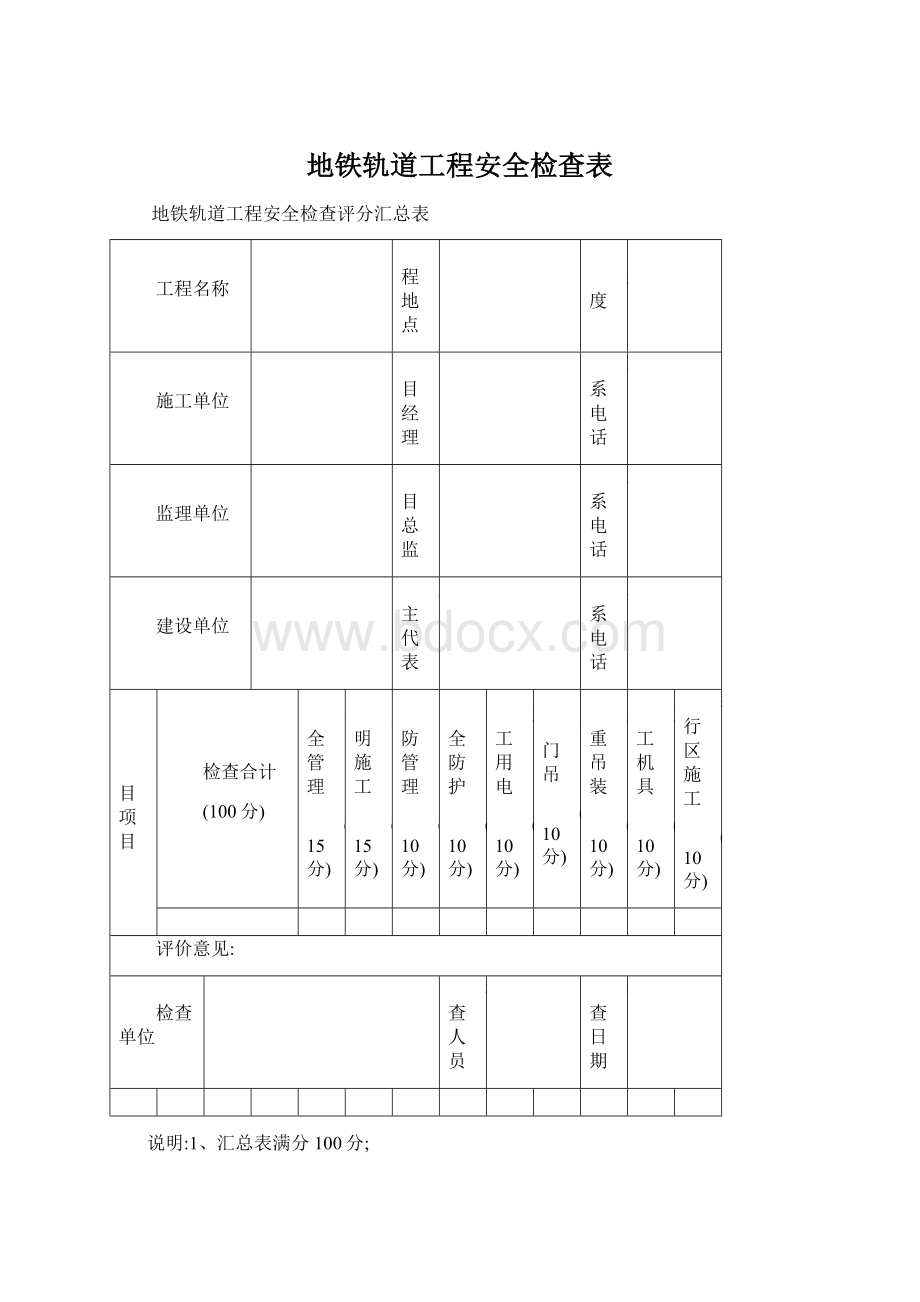 地铁轨道工程安全检查表.docx