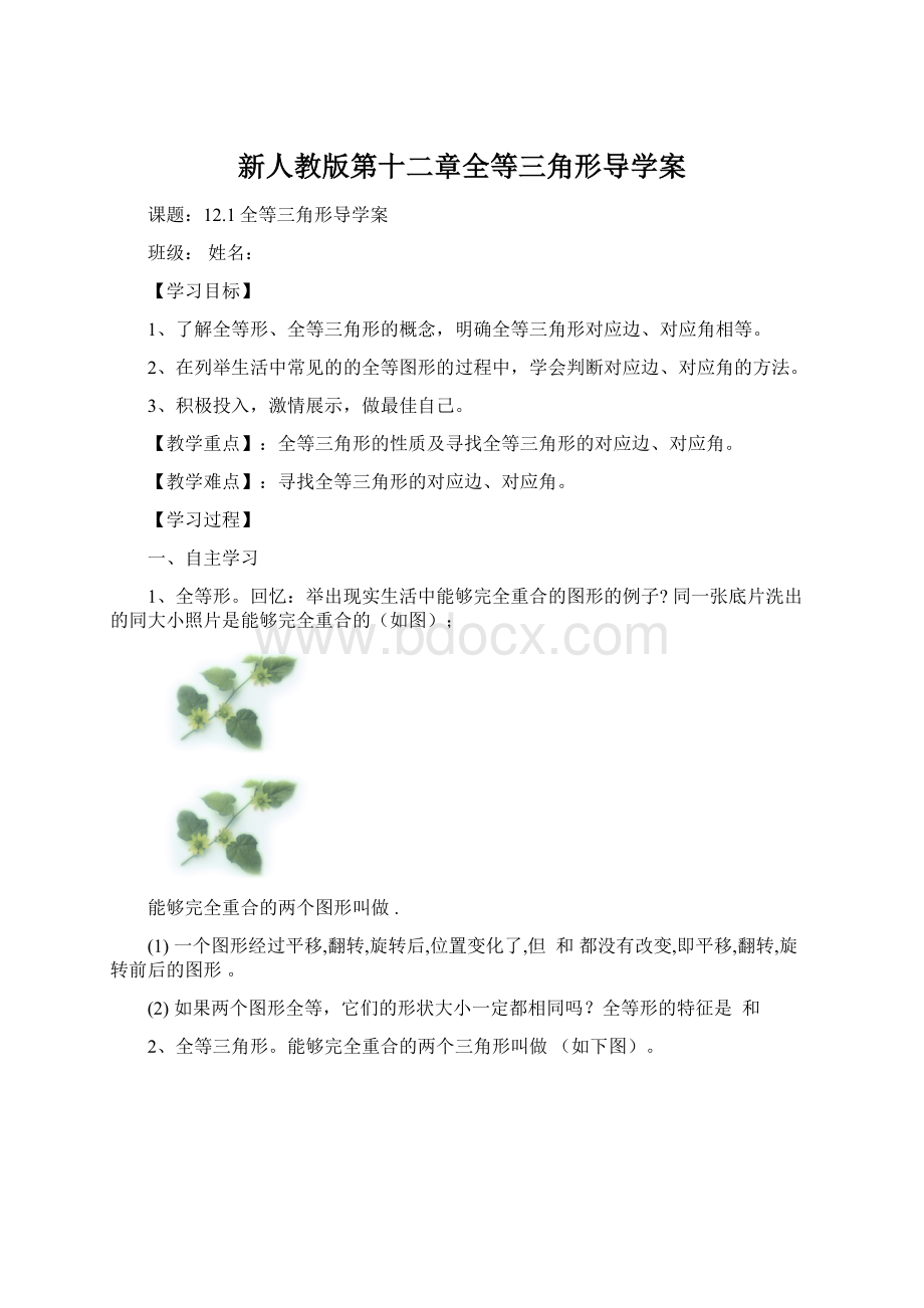 新人教版第十二章全等三角形导学案.docx