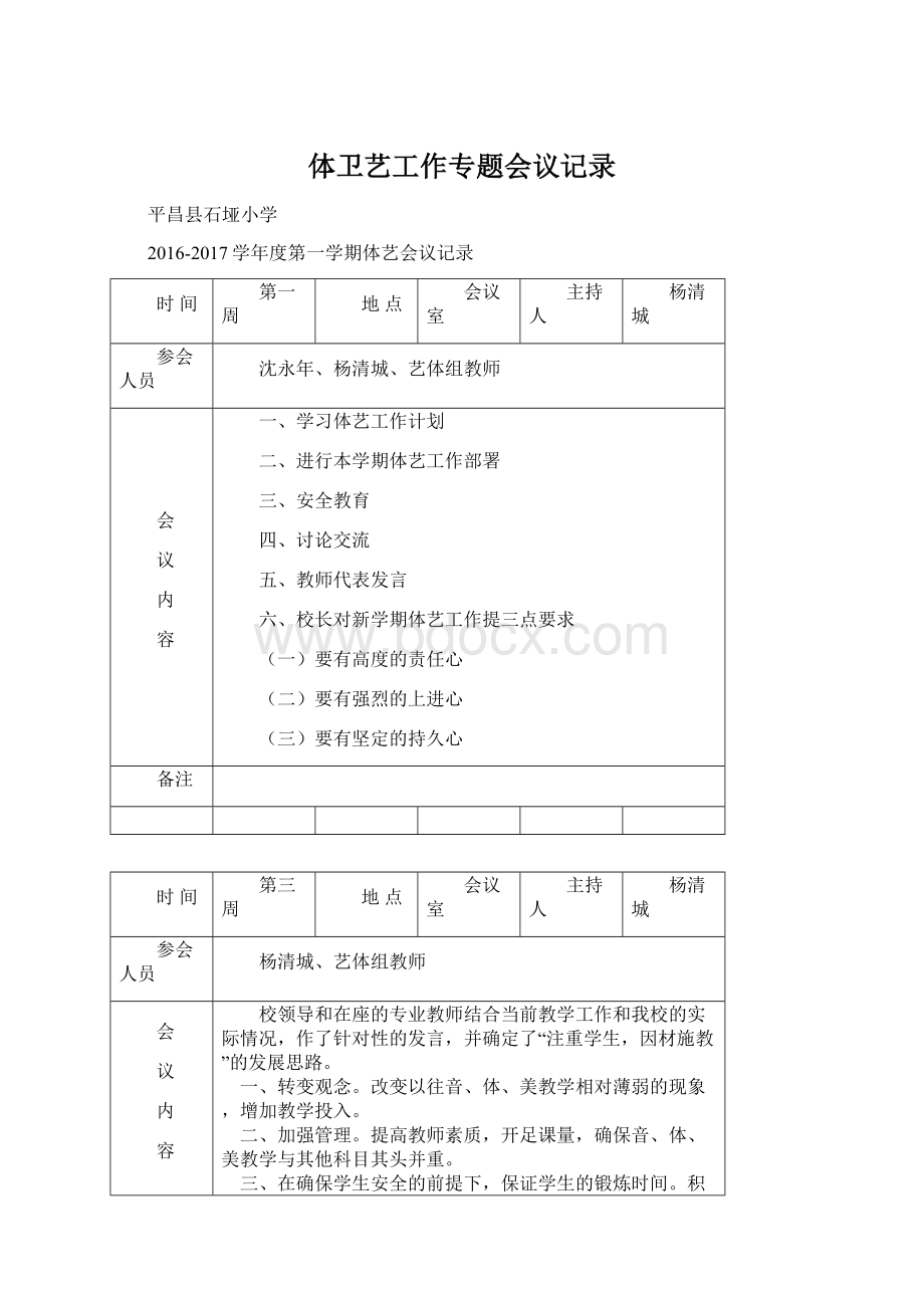 体卫艺工作专题会议记录Word文档下载推荐.docx