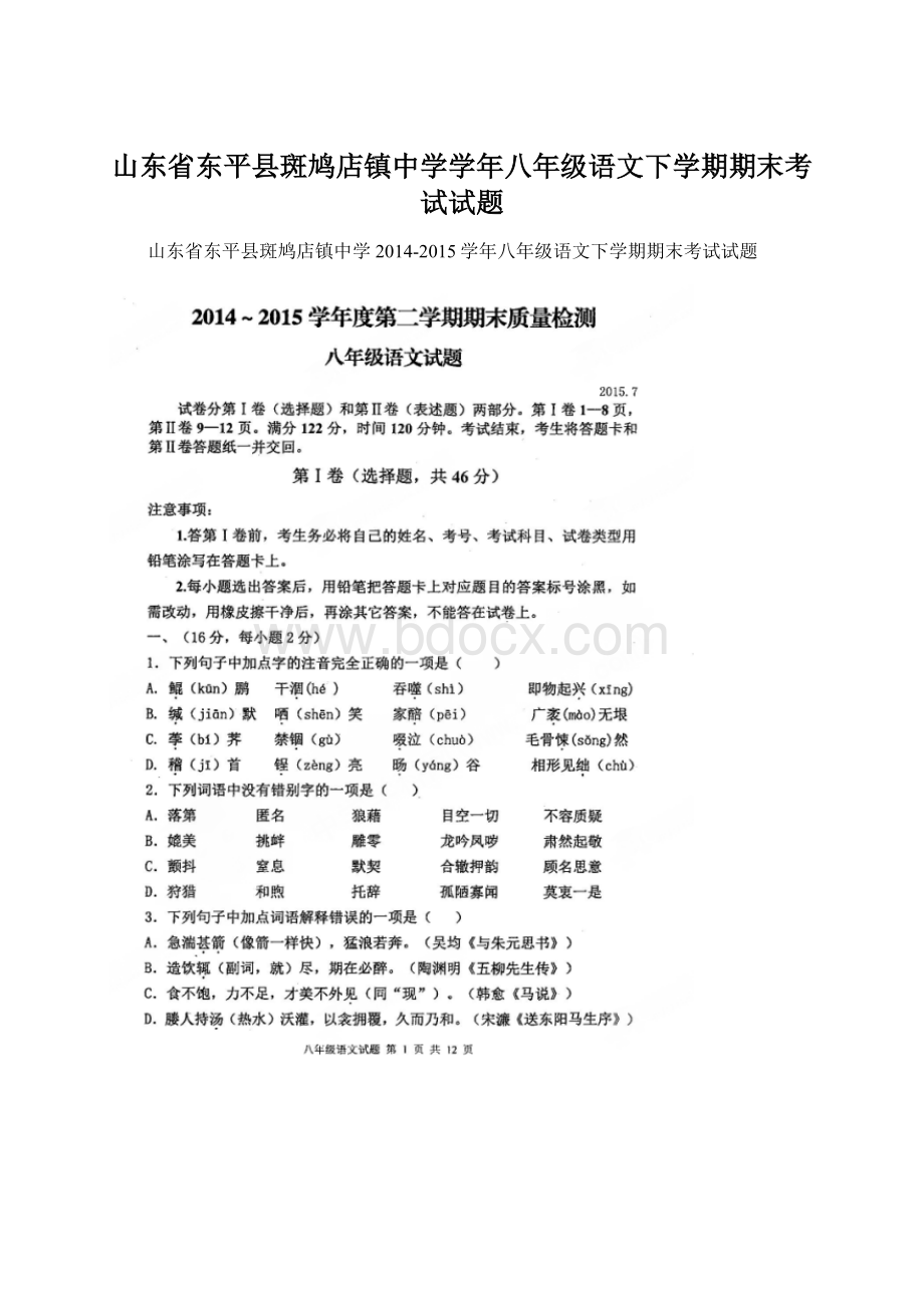 山东省东平县斑鸠店镇中学学年八年级语文下学期期末考试试题Word格式文档下载.docx_第1页