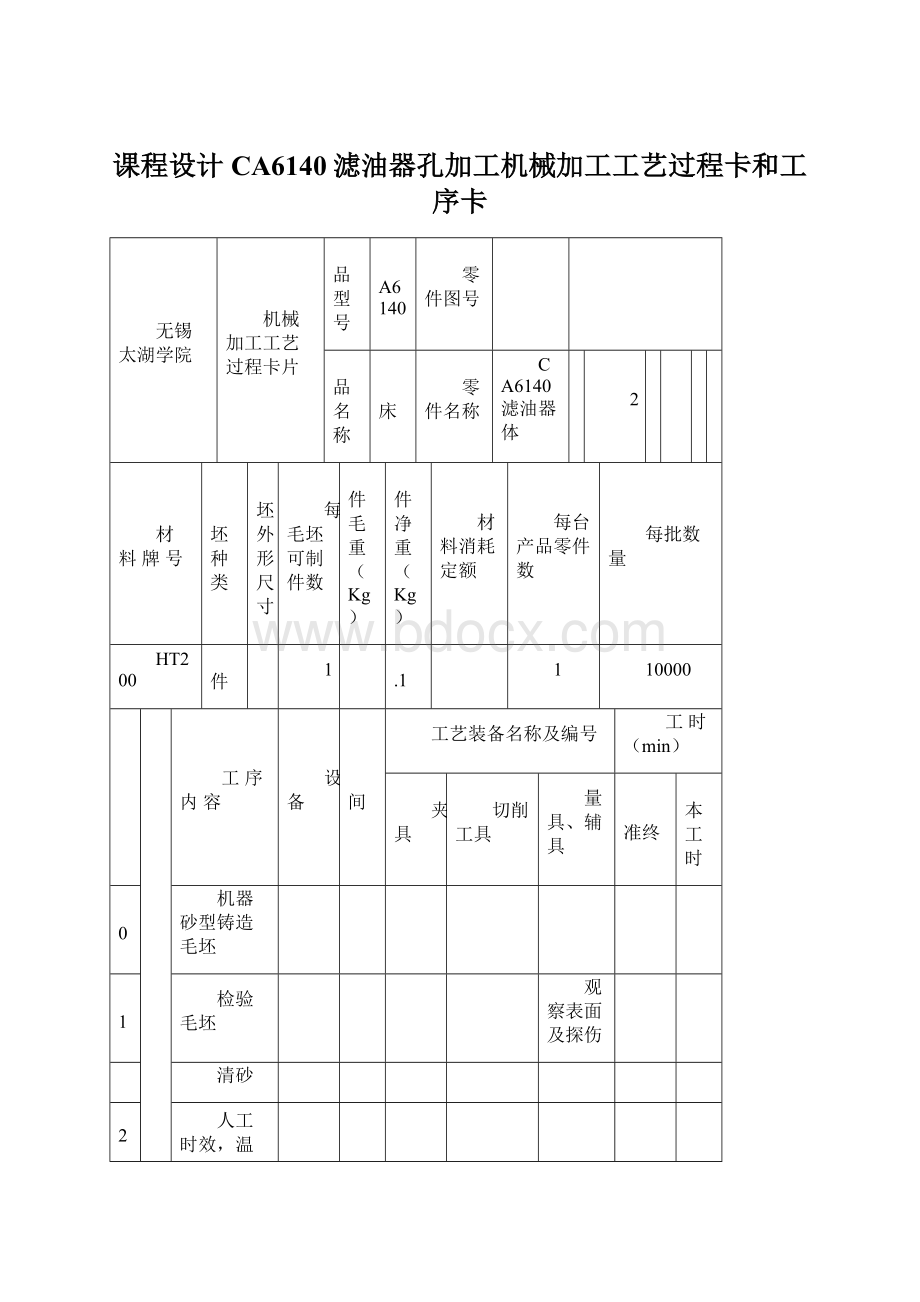 课程设计CA6140滤油器孔加工机械加工工艺过程卡和工序卡Word格式文档下载.docx