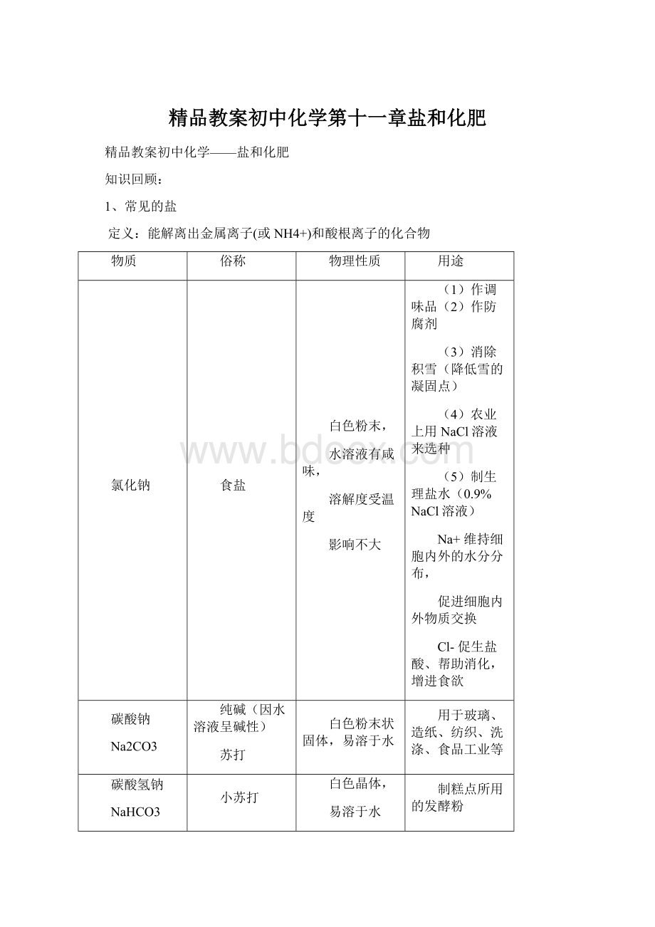 精品教案初中化学第十一章盐和化肥.docx