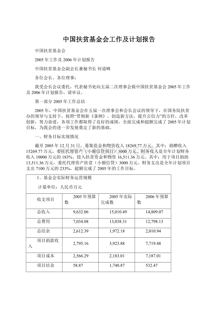 中国扶贫基金会工作及计划报告Word格式文档下载.docx