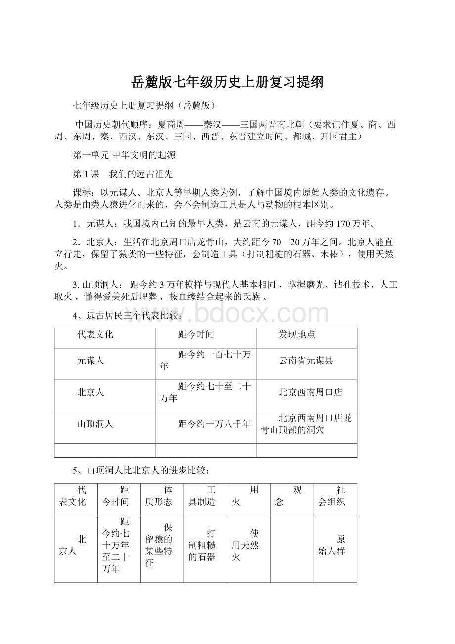 岳麓版七年级历史上册复习提纲文档格式.docx