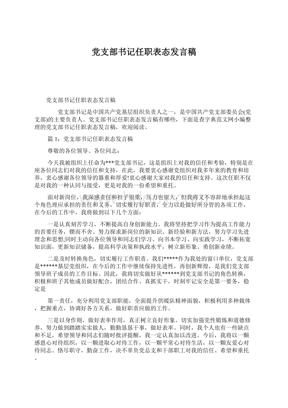 党支部书记任职表态发言稿Word文件下载.docx