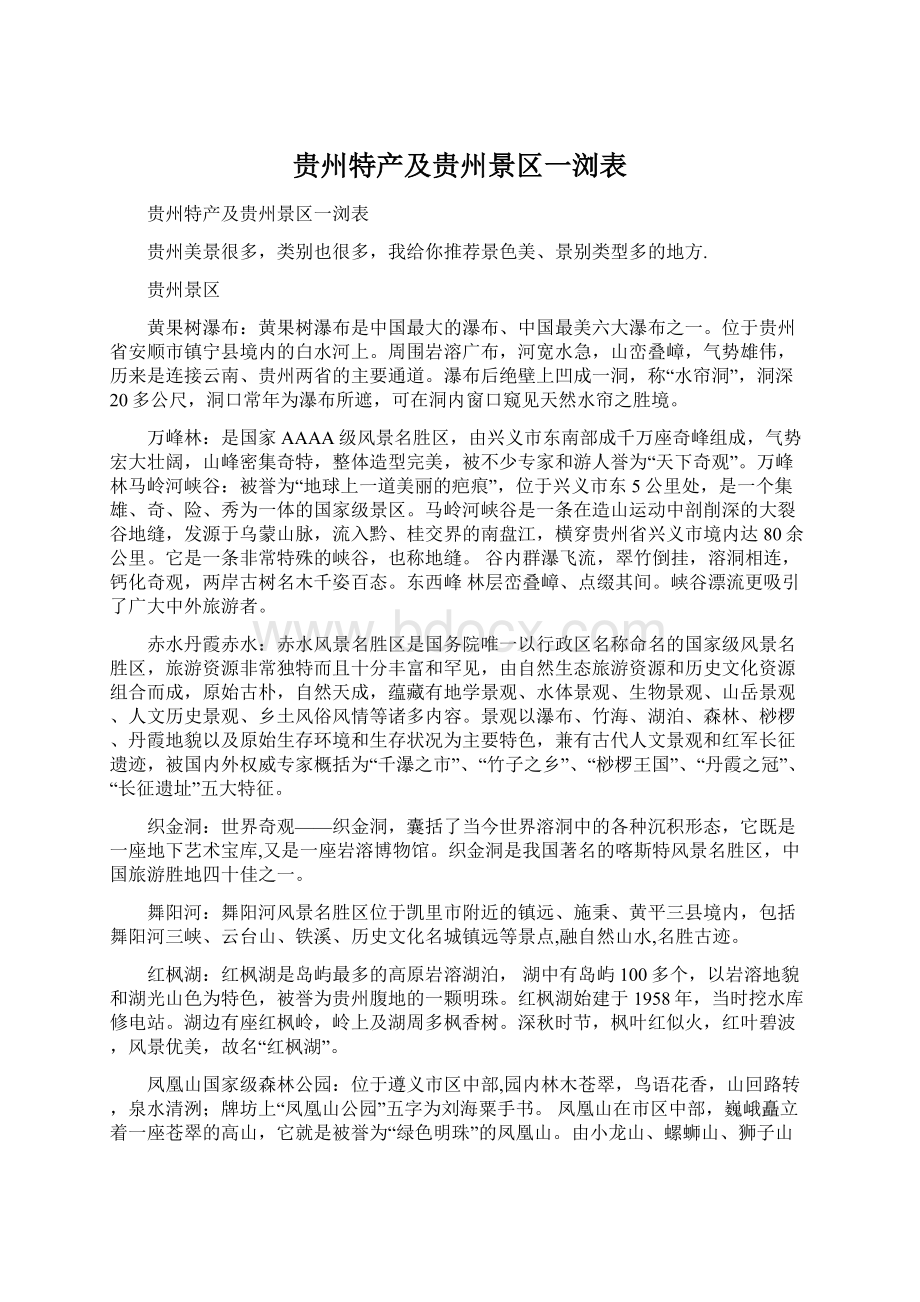 贵州特产及贵州景区一浏表.docx_第1页