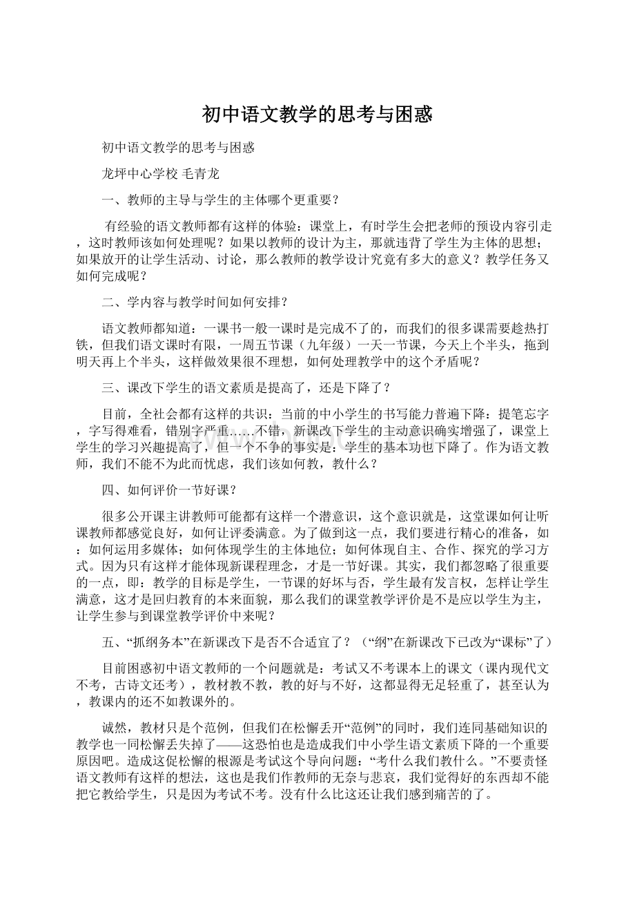 初中语文教学的思考与困惑Word文件下载.docx