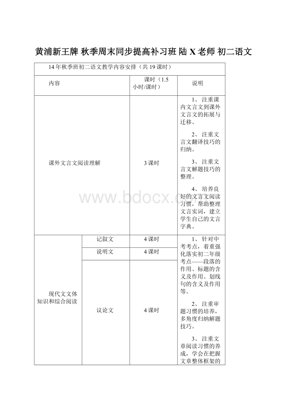 黄浦新王牌 秋季周末同步提高补习班 陆X老师 初二语文Word文档下载推荐.docx