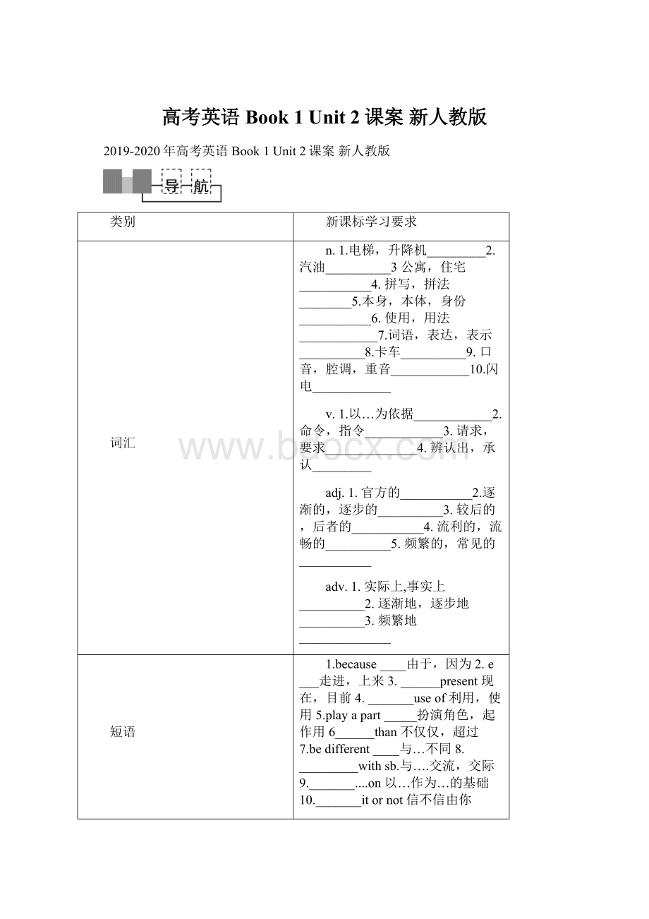 高考英语 Book 1 Unit 2课案 新人教版Word格式文档下载.docx_第1页