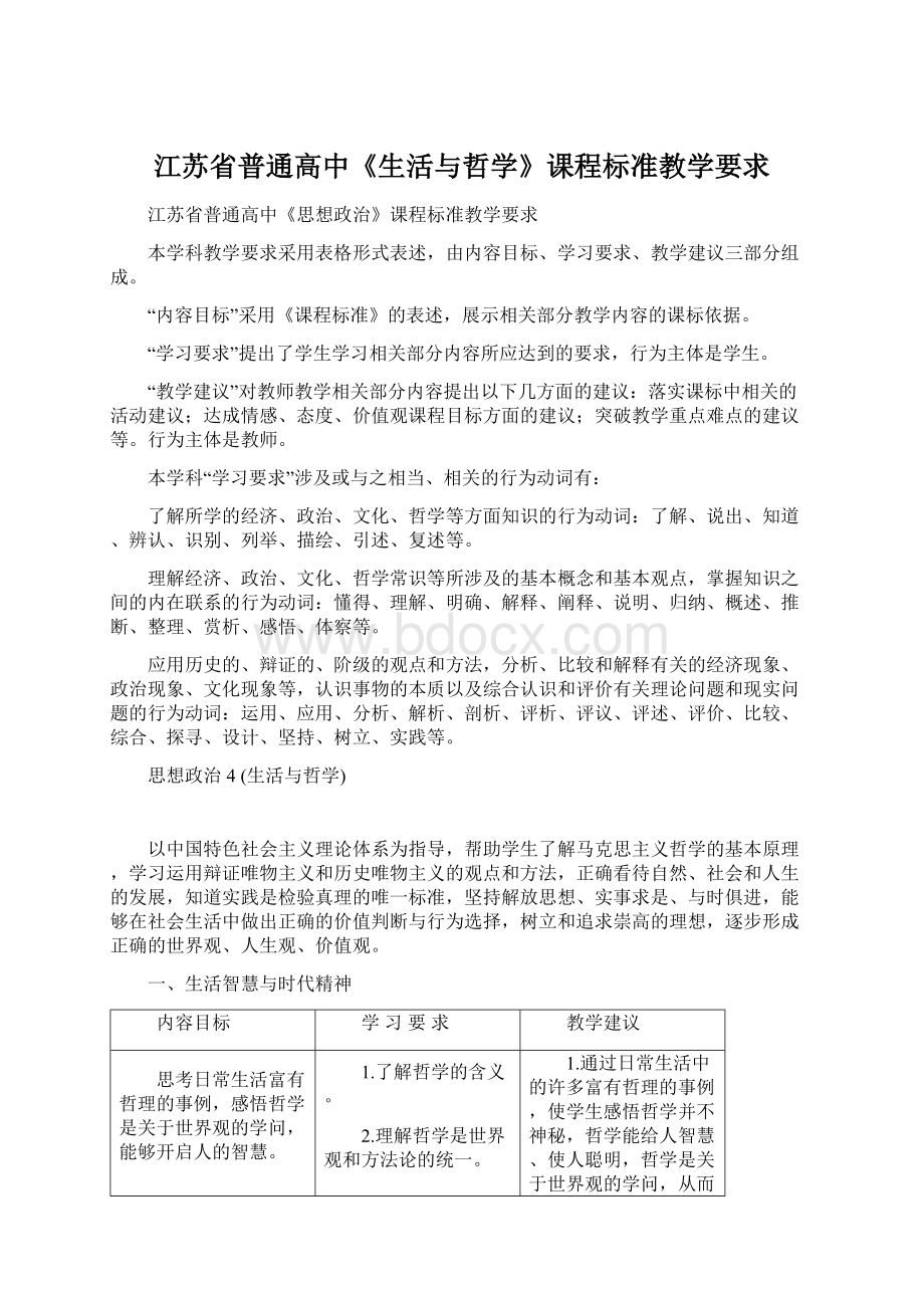 江苏省普通高中《生活与哲学》课程标准教学要求Word格式.docx