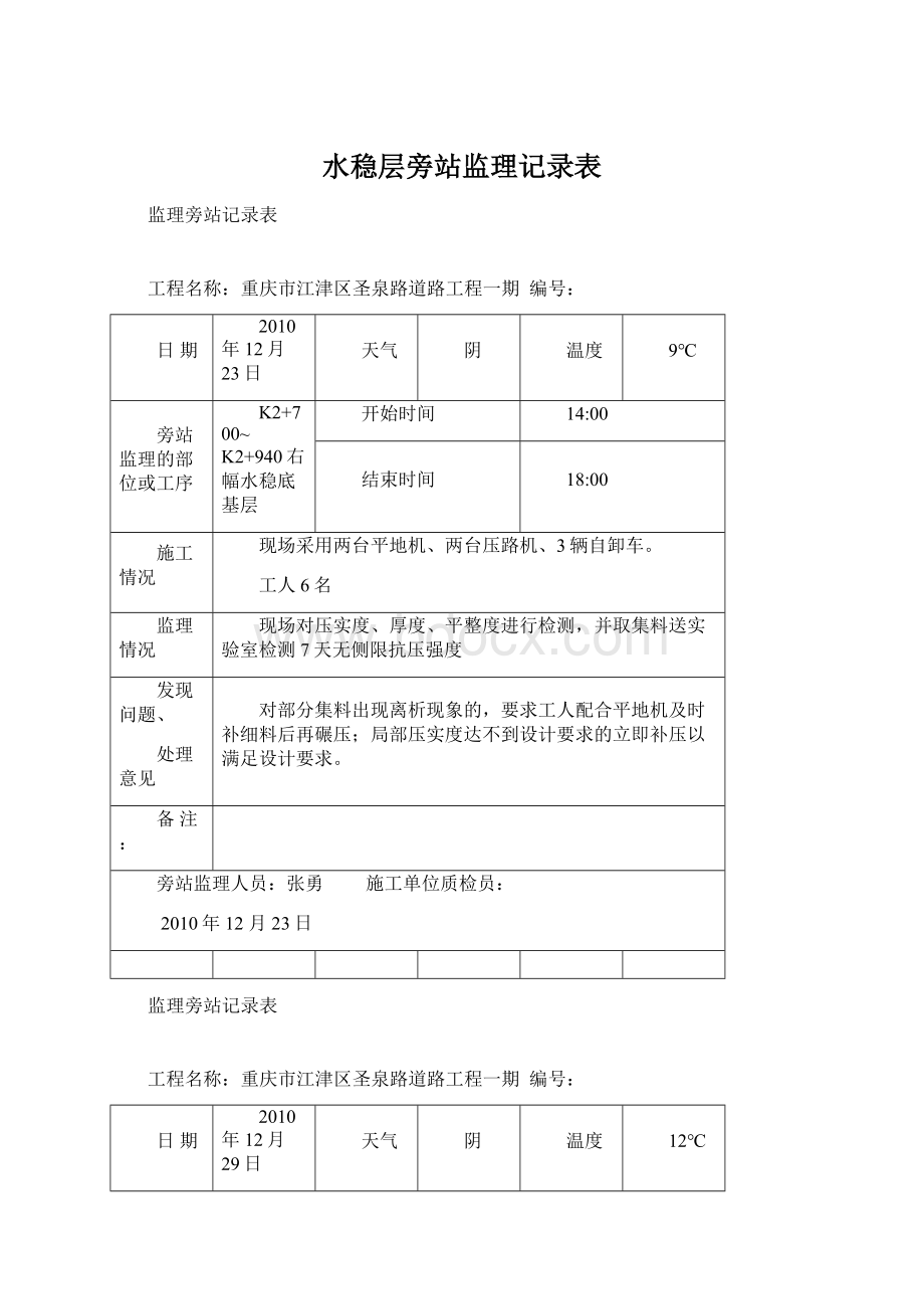 水稳层旁站监理记录表文档格式.docx