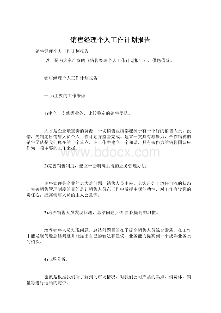 销售经理个人工作计划报告文档格式.docx