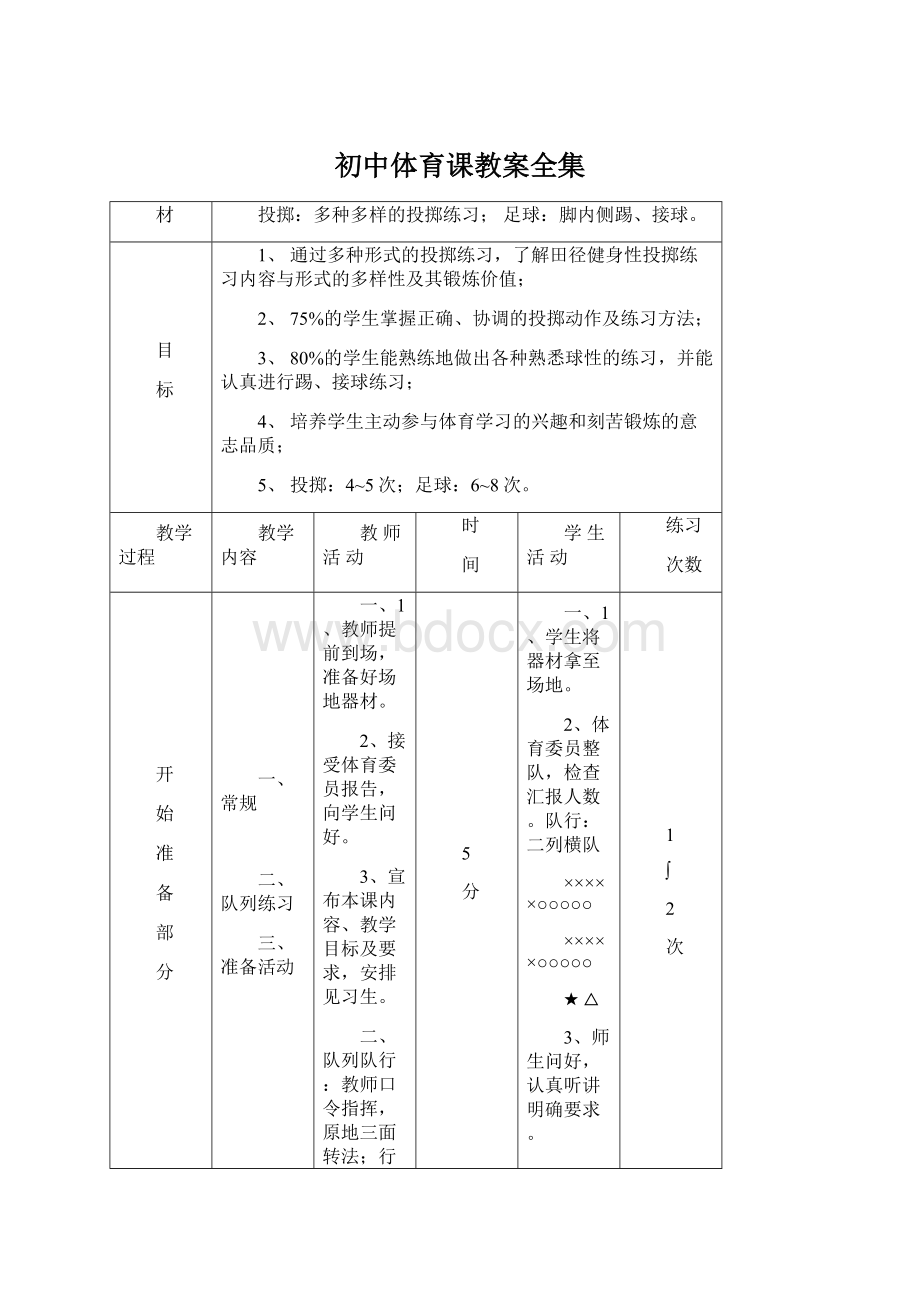 初中体育课教案全集.docx_第1页