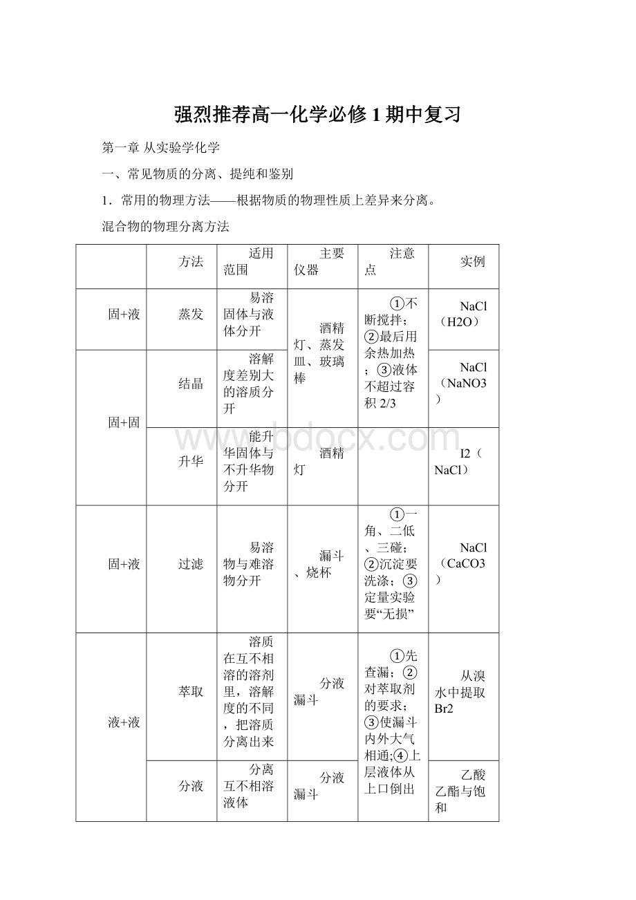 强烈推荐高一化学必修1期中复习Word文档下载推荐.docx