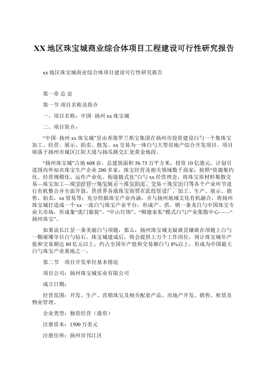 XX地区珠宝城商业综合体项目工程建设可行性研究报告Word文件下载.docx