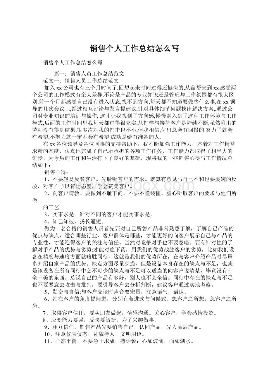 销售个人工作总结怎么写Word文件下载.docx_第1页