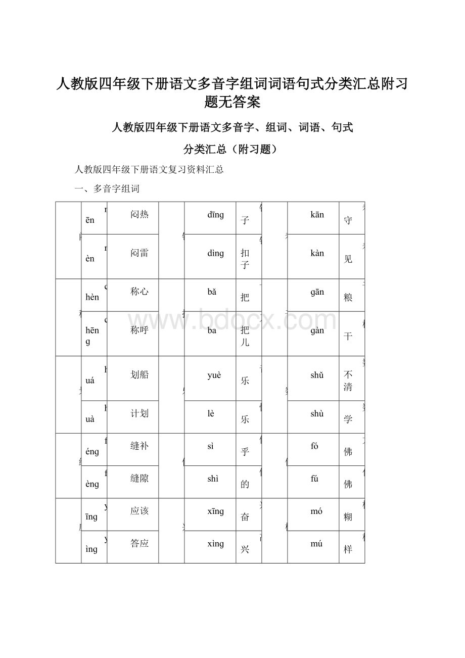 人教版四年级下册语文多音字组词词语句式分类汇总附习题无答案.docx