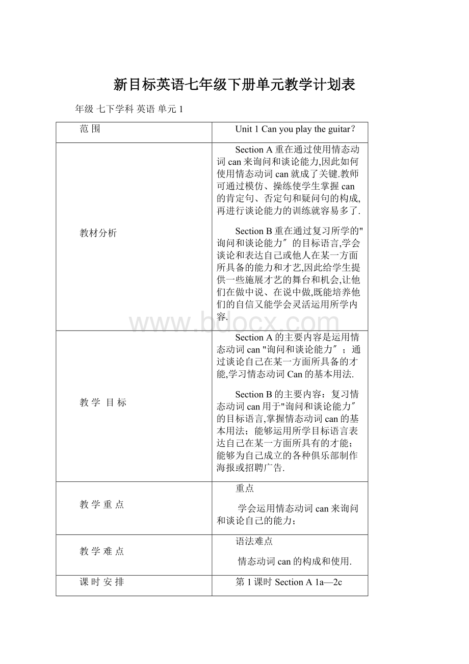 新目标英语七年级下册单元教学计划表Word文档下载推荐.docx_第1页