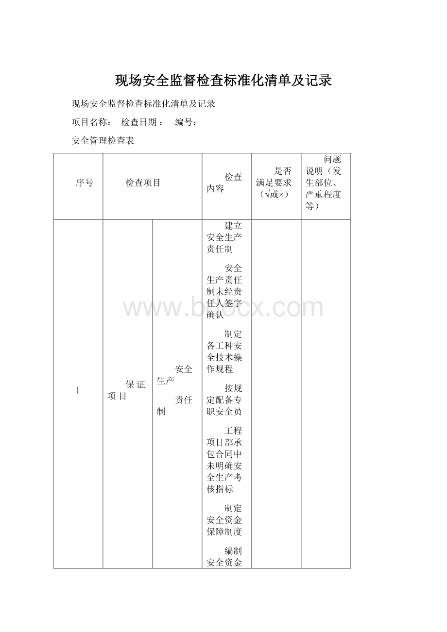 现场安全监督检查标准化清单及记录Word文档格式.docx