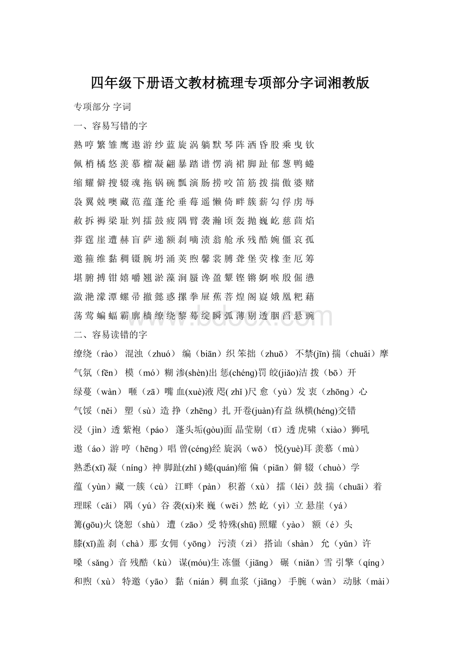 四年级下册语文教材梳理专项部分字词湘教版.docx_第1页