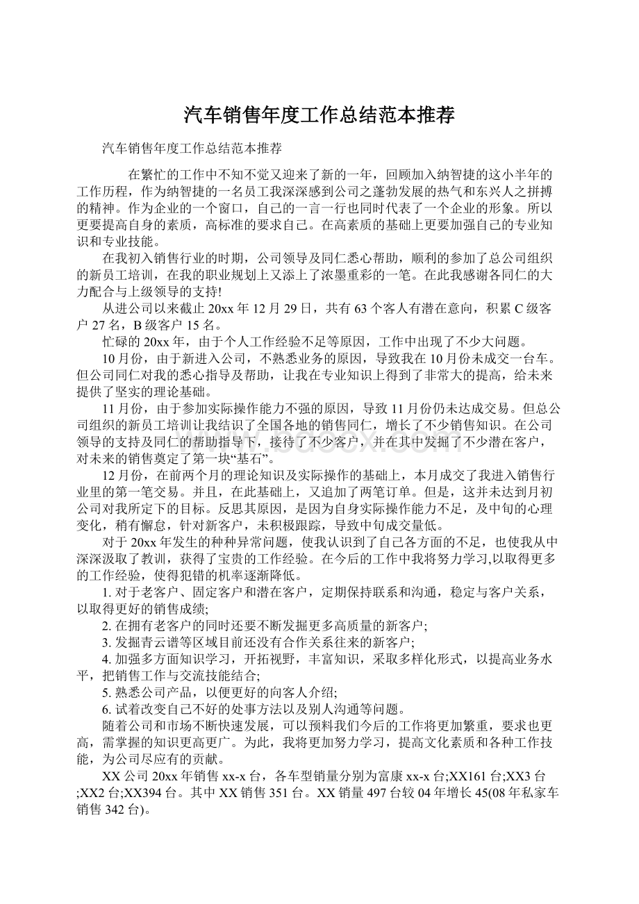 汽车销售年度工作总结范本推荐.docx_第1页