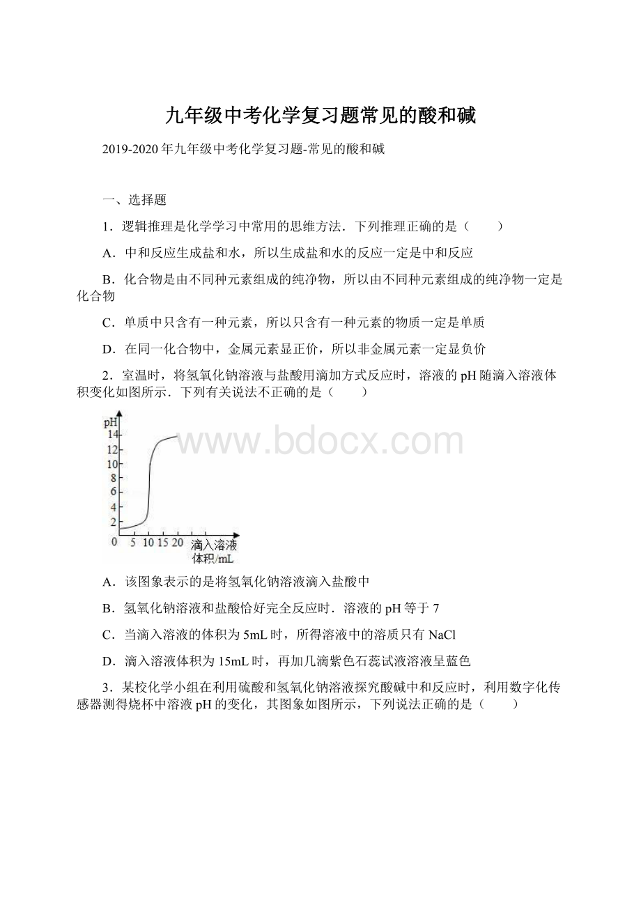 九年级中考化学复习题常见的酸和碱.docx