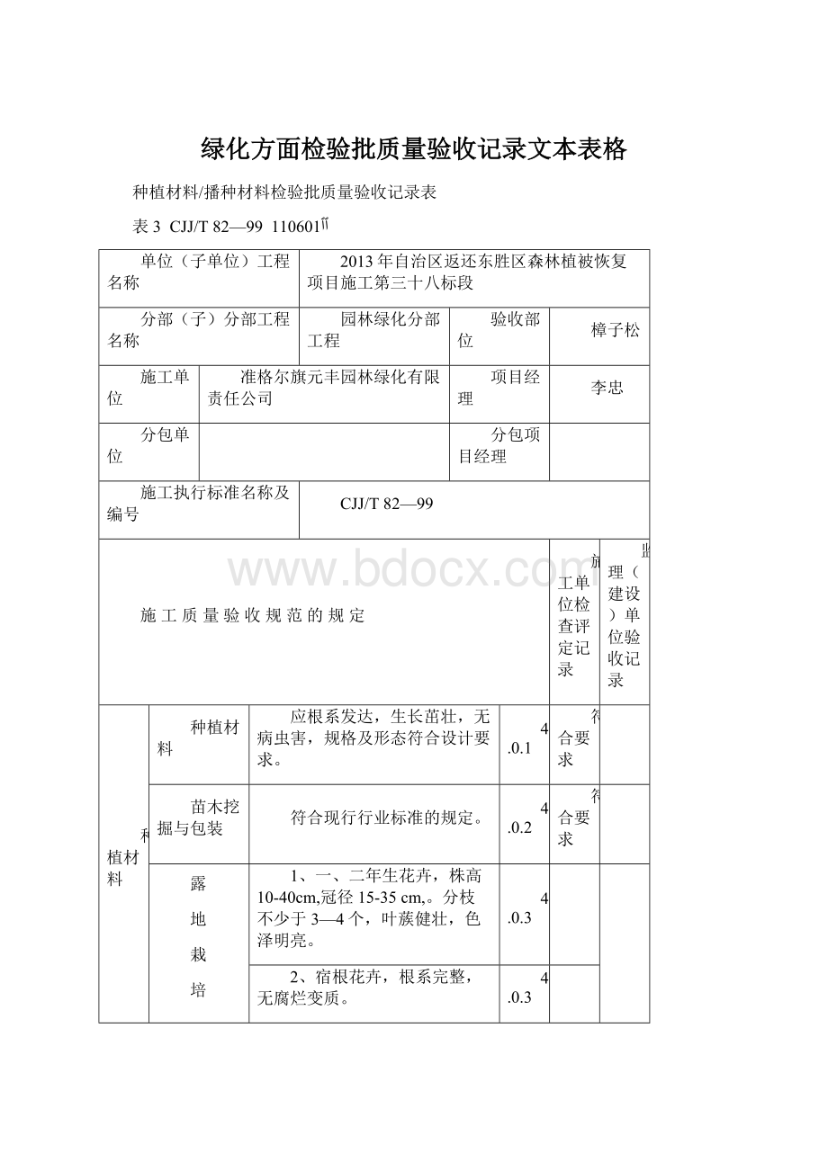 绿化方面检验批质量验收记录文本表格.docx_第1页