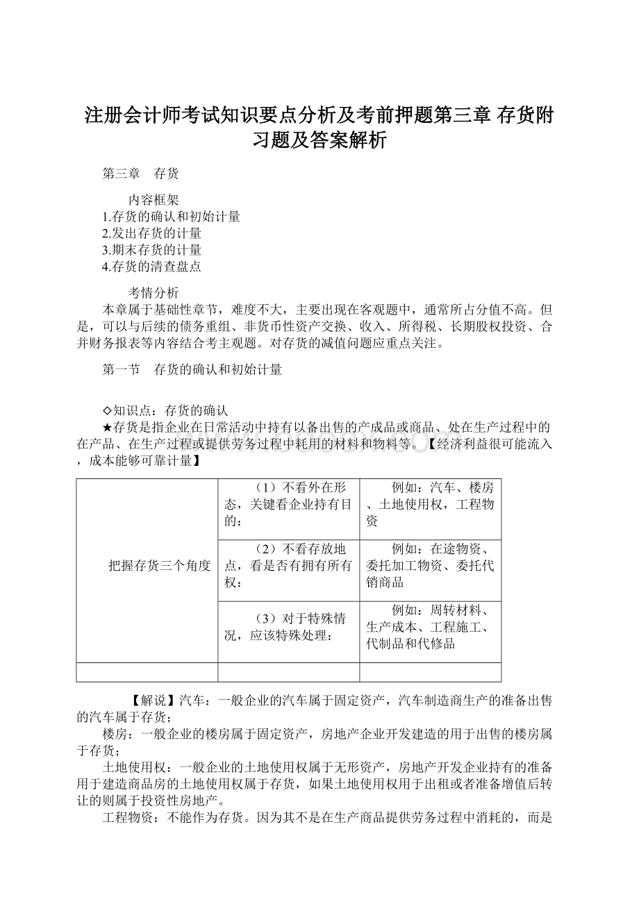 注册会计师考试知识要点分析及考前押题第三章 存货附习题及答案解析.docx_第1页