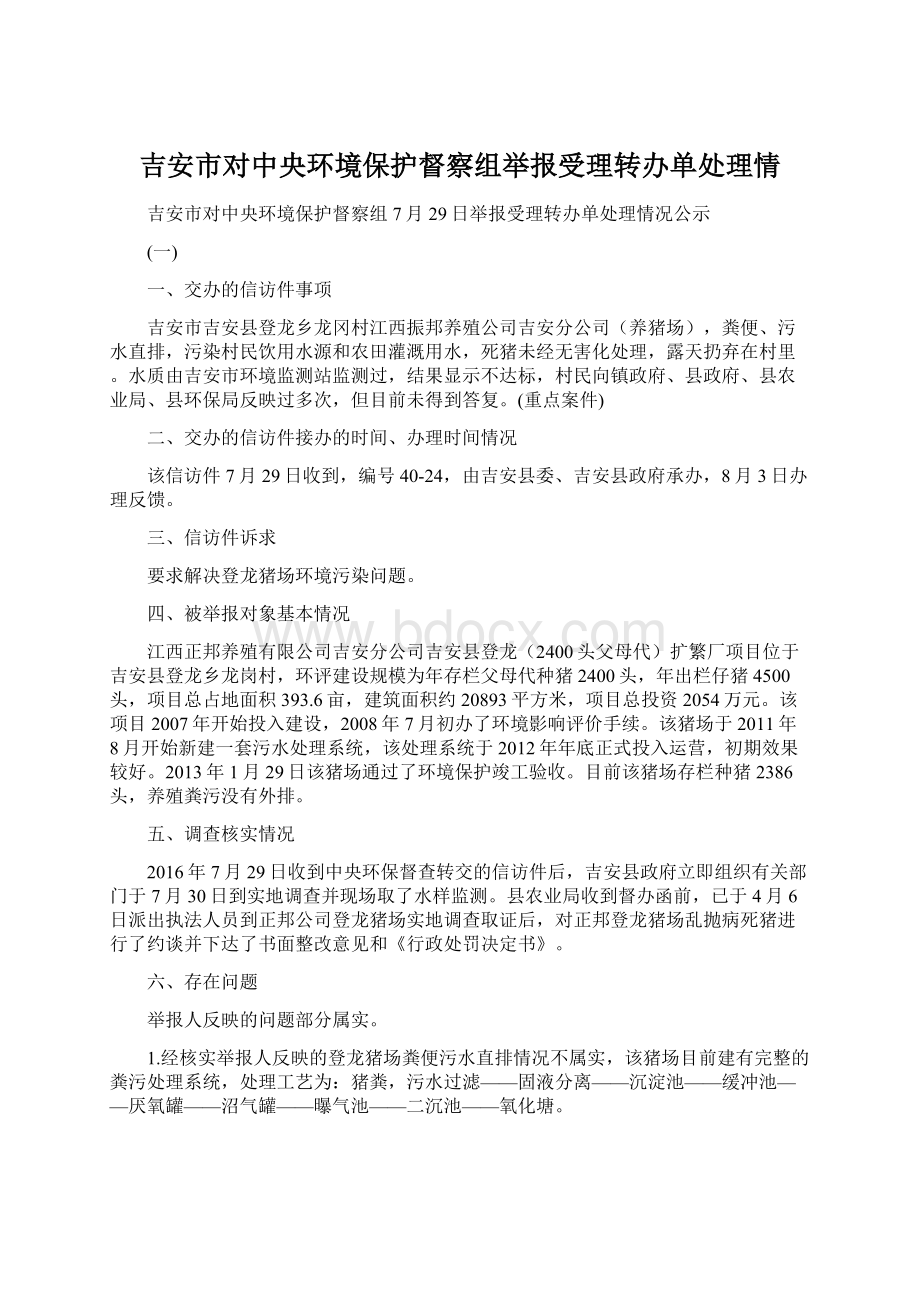 吉安市对中央环境保护督察组举报受理转办单处理情文档格式.docx_第1页