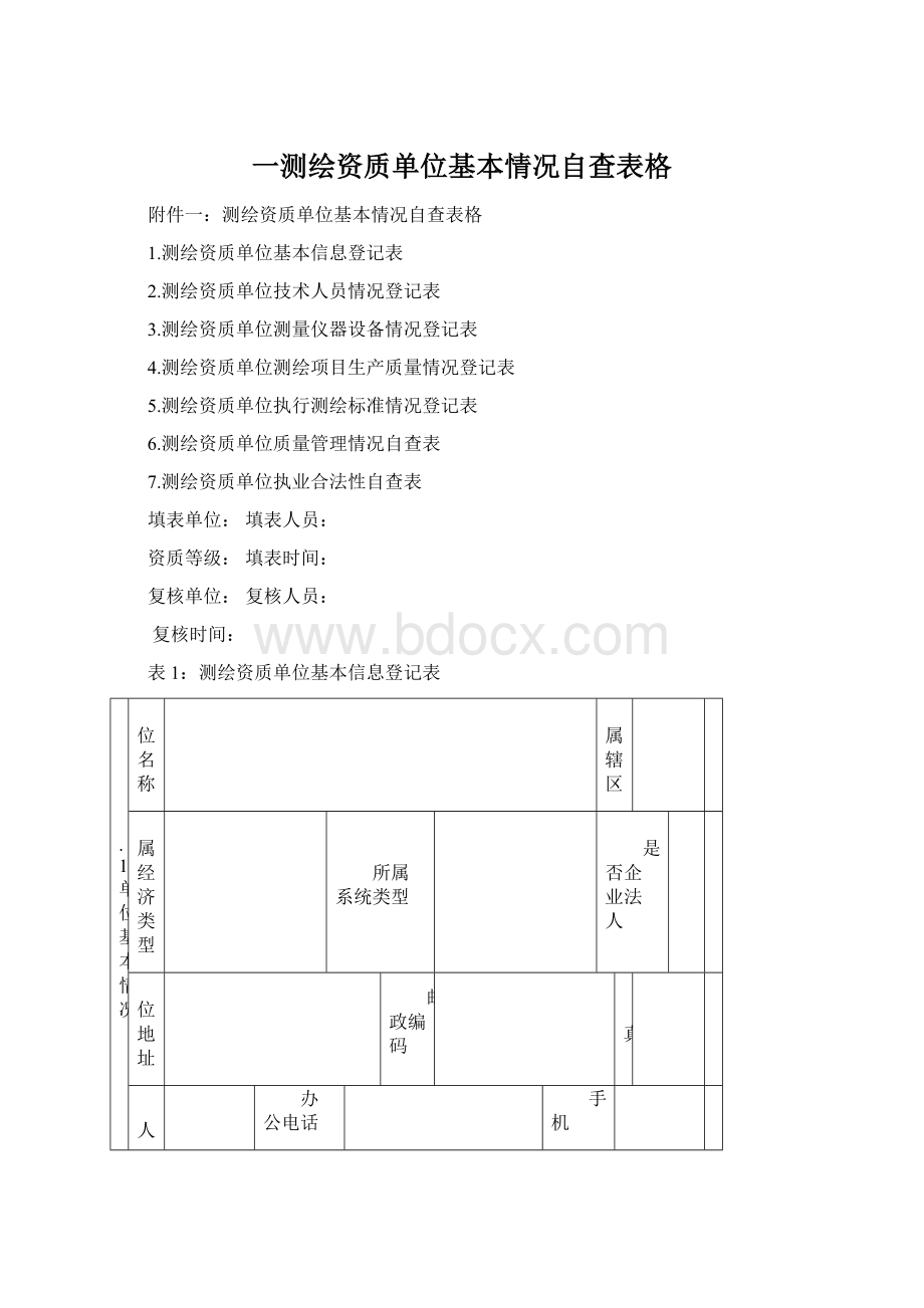 一测绘资质单位基本情况自查表格Word下载.docx