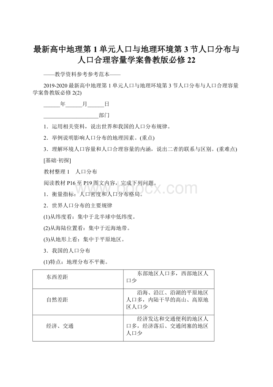 最新高中地理第1单元人口与地理环境第3节人口分布与人口合理容量学案鲁教版必修22.docx_第1页