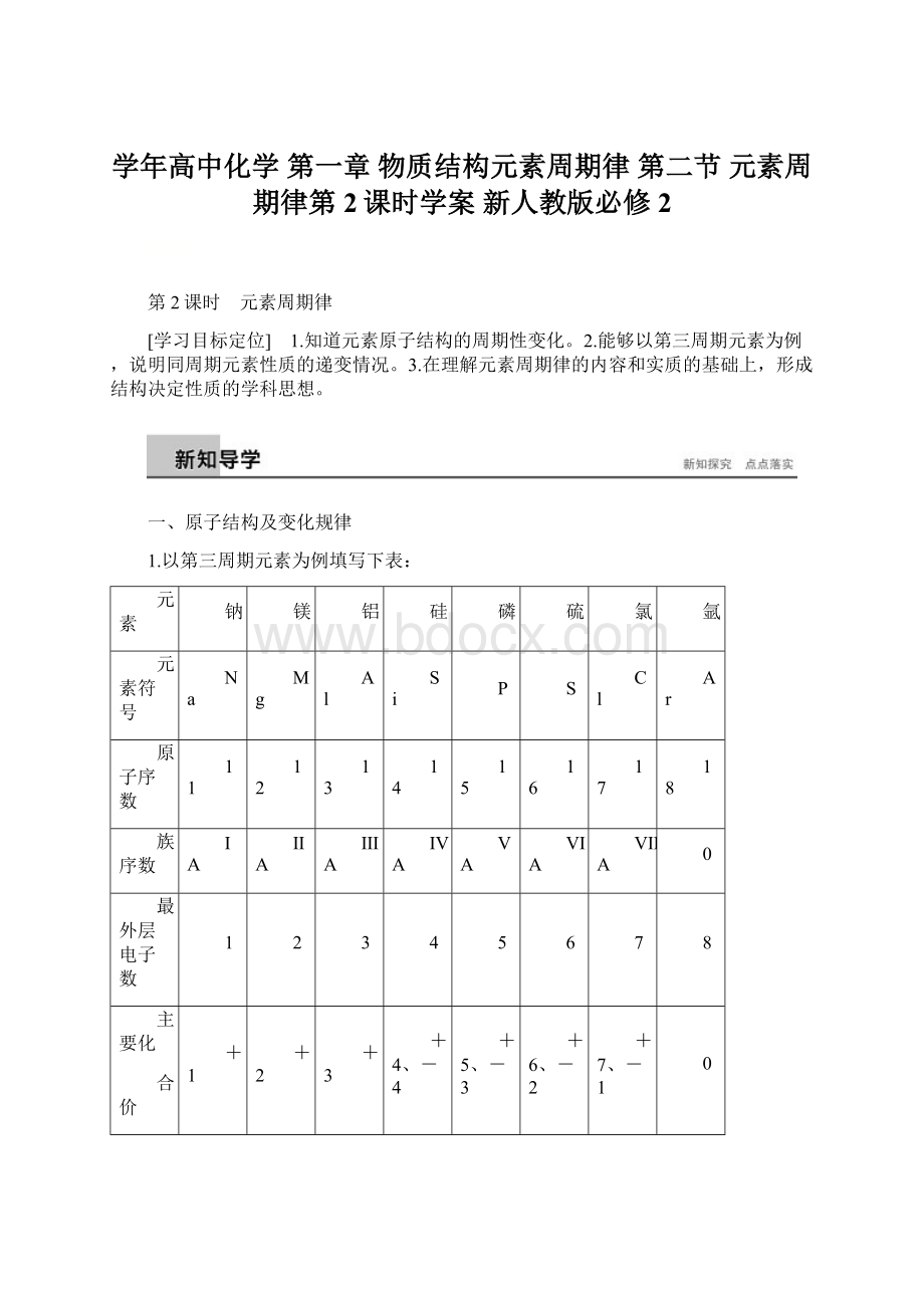 学年高中化学 第一章 物质结构元素周期律 第二节 元素周期律第2课时学案 新人教版必修2.docx