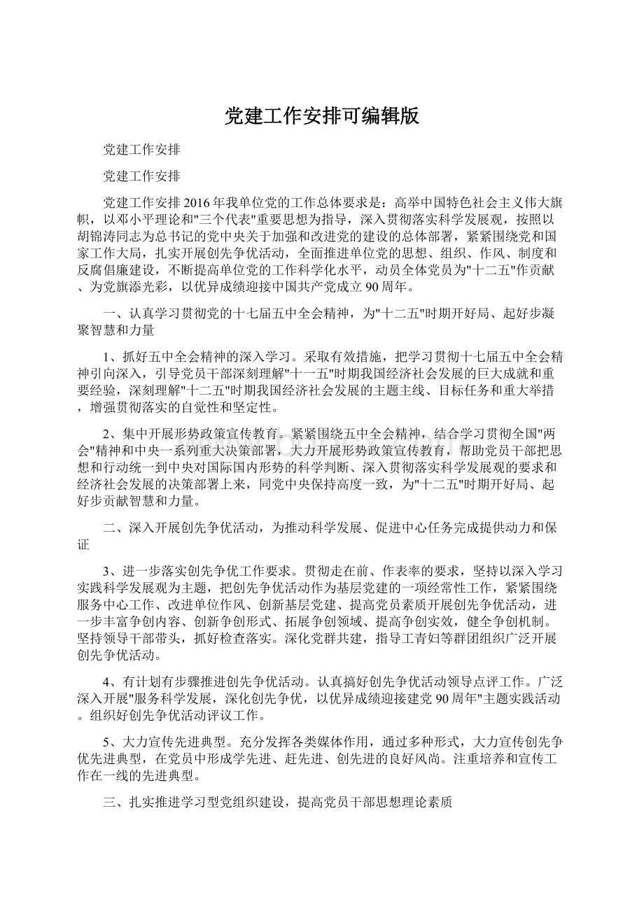 党建工作安排可编辑版Word文档格式.docx