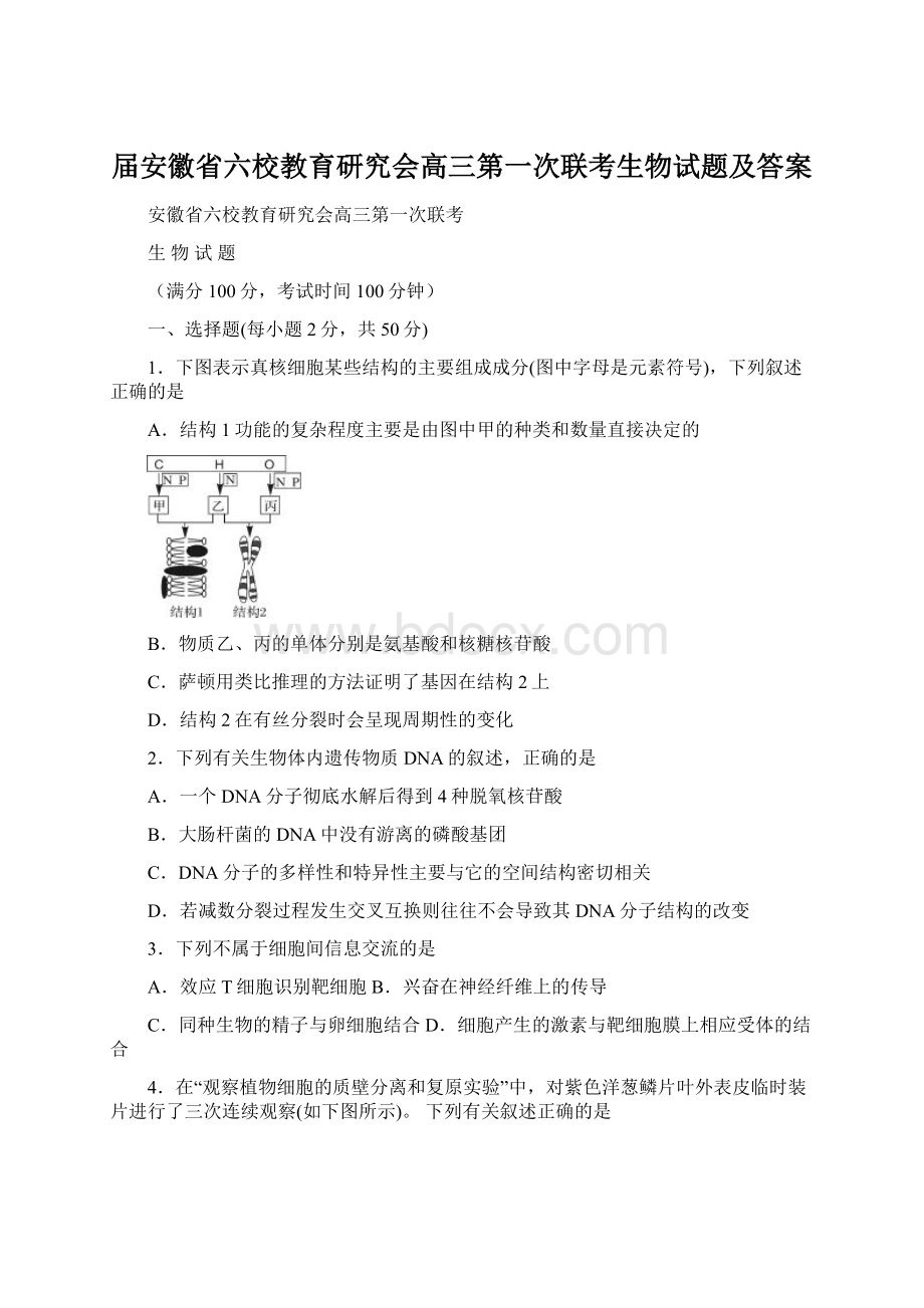 届安徽省六校教育研究会高三第一次联考生物试题及答案.docx_第1页