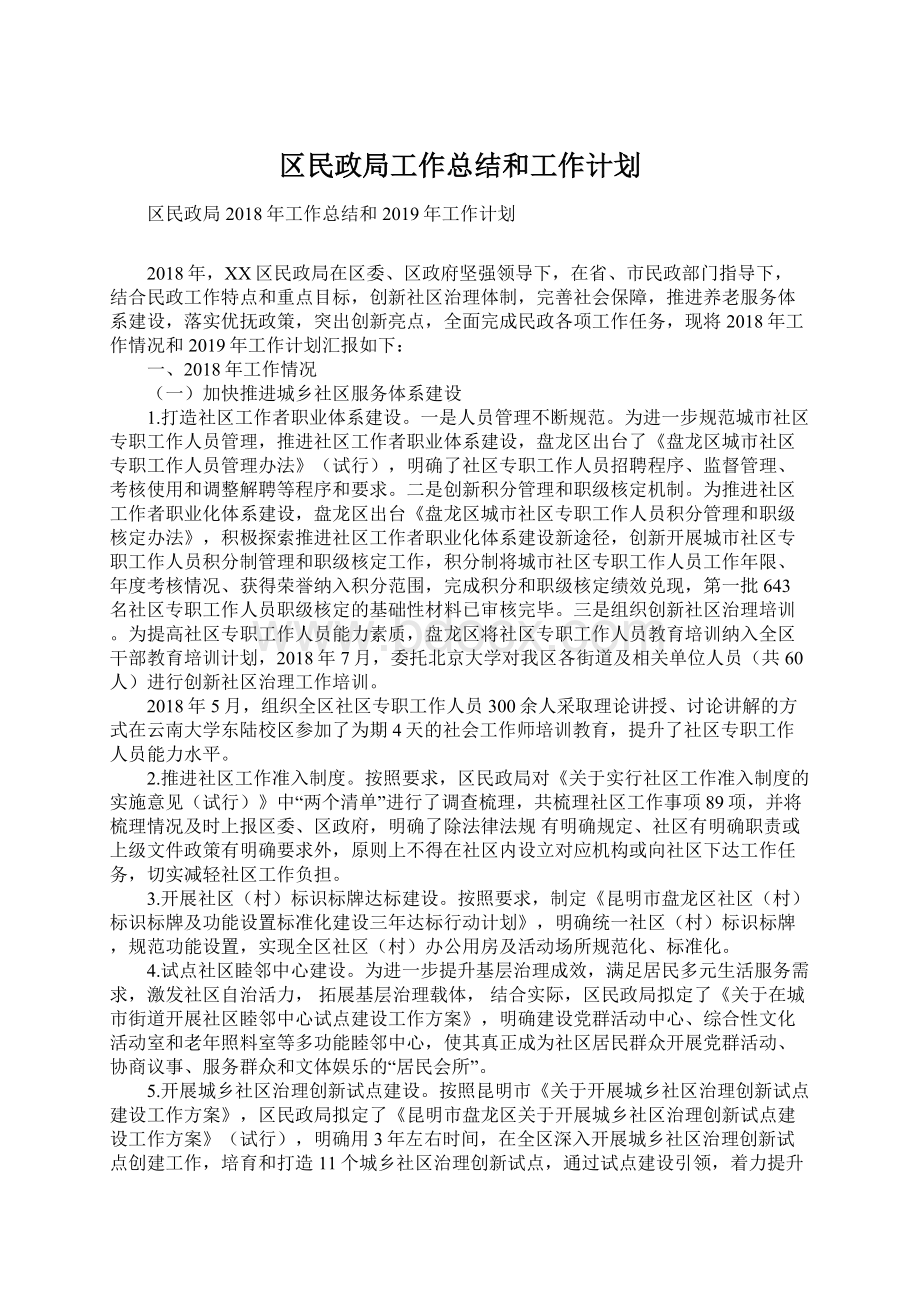 区民政局工作总结和工作计划.docx