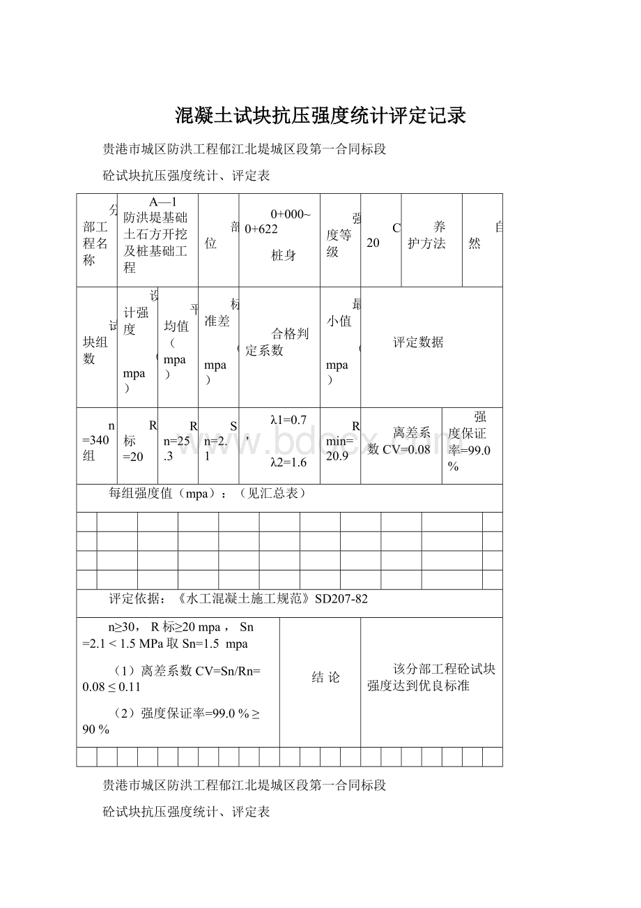 混凝土试块抗压强度统计评定记录.docx_第1页